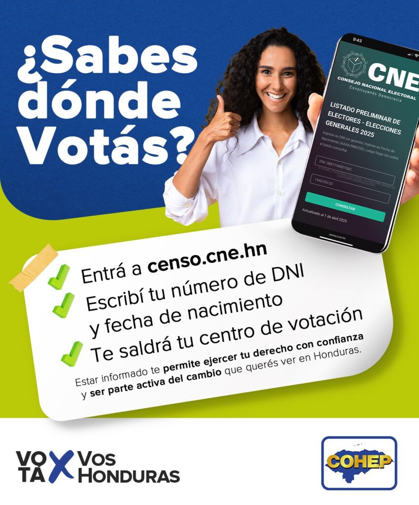 Una mujer con el pelo rizado sonríe y levanta el pulgar mientras sostiene un teléfono que muestra la página web del CNE. Un texto en español explica cómo comprobar el lugar de votación en Honduras a través de censo.cne.hn. Se ven los logotipos de VOX Honduras y COHEP.